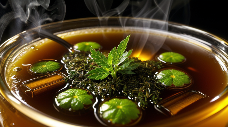 Close up of herbal tea with honey and medicinal herbs